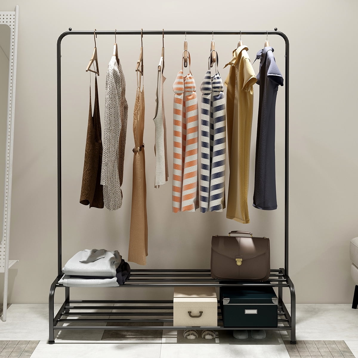Single Pole Clothes Rack with Double Shoe Shelf By Metallics Home