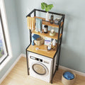 Mini Fridge Washing Machine Bathroom Organizer Rack with wooden shelves and metal frame, featuring towels and decorative item