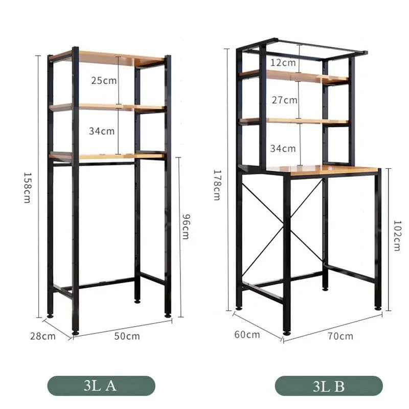 Mini Fridge Washing Machine Bathroom Organizer Rack with four shelves, metal frame, and wooden surfaces for storage.