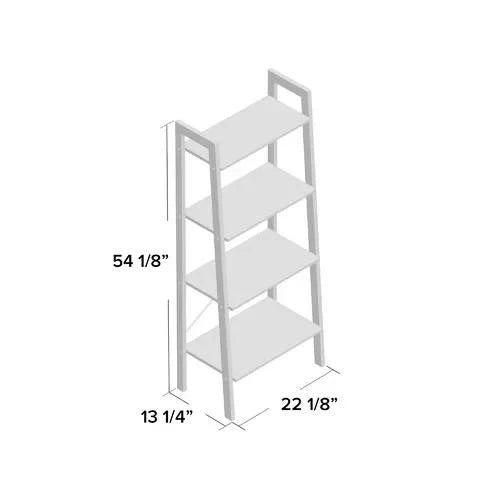 White four-tier bookcase with a modern design, measuring 54 1/8" tall, 22 1/8" wide, and 13 1/4" deep. Ideal for organizing.