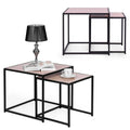 Set of 2 Spoza Living Lounge Coffee Center Nesting Tables with black metal frames and wooden tops, featuring a lamp and coffe