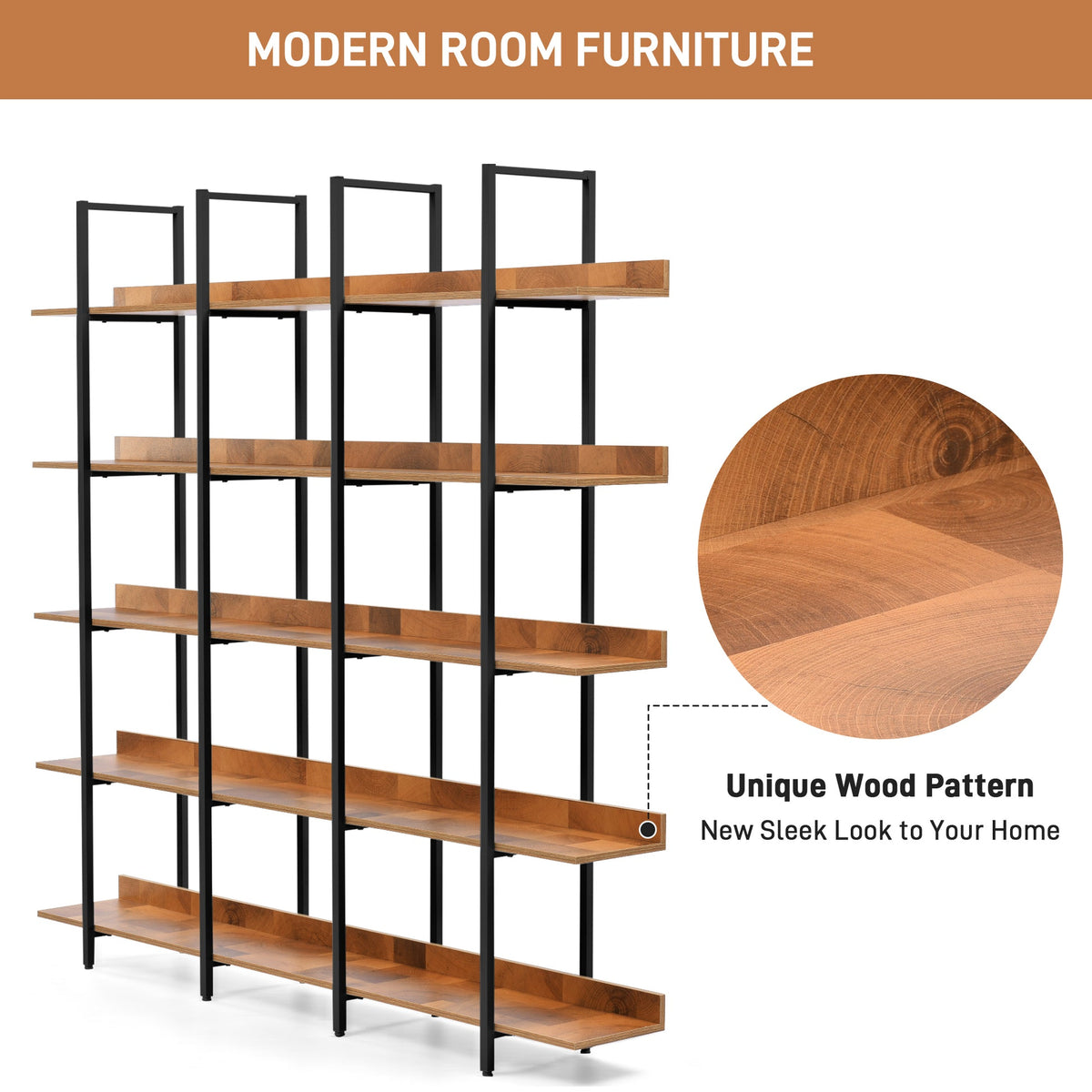 5 Tier Bookcase by Metallics Home features a modern design with a unique wood pattern and black metal frame, ideal for home o