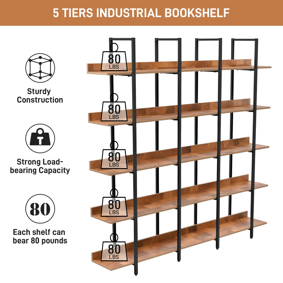 5 Tier Bookcase Home Office Open Bookshelf by Metallics Home featuring sturdy construction and strong load-bearing capacity o