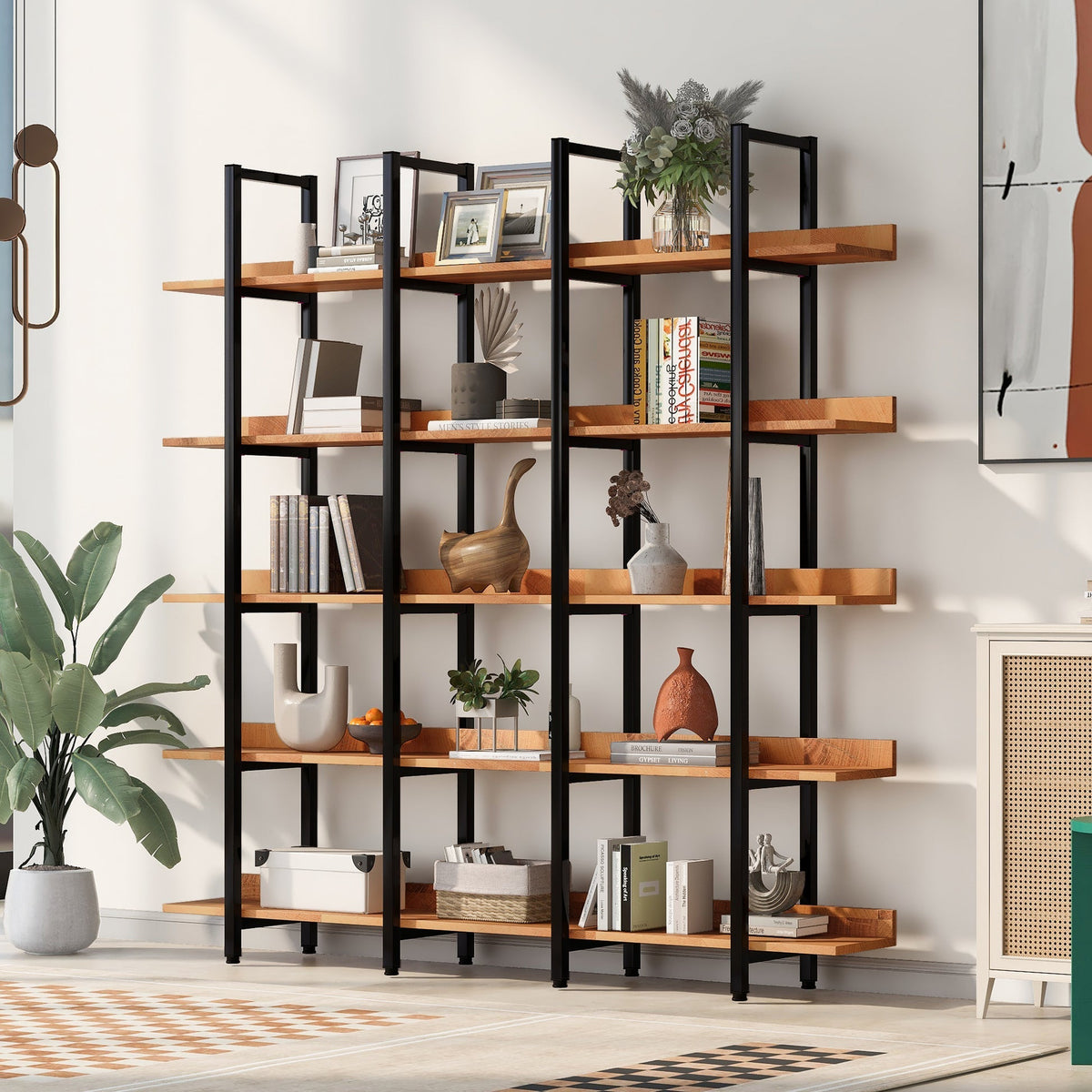5 Tier Bookcase Home Office Open Bookshelf by Metallics Home features a modern design with black metal frame and wooden shelv
