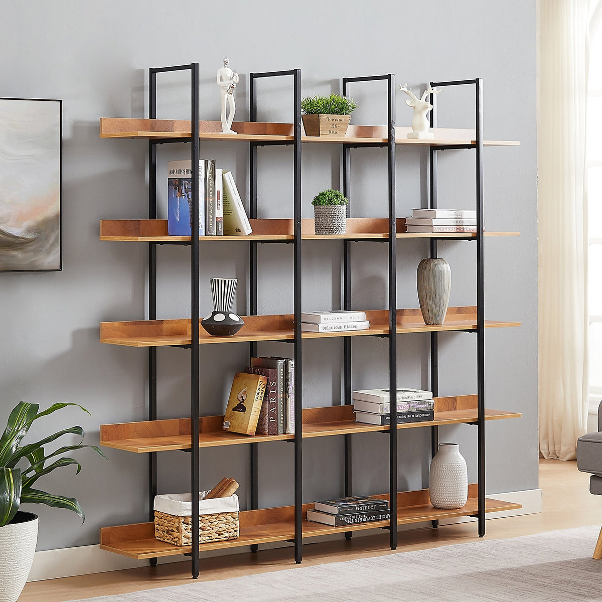 5 Tier Bookcase Home Office Open Bookshelf by Metallics Home features a modern design with wooden shelves and a black metal f