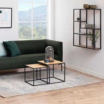 Set of 2 Spoza Living Lounge Coffee Center Nesting Tables with a modern design, featuring a wooden top and black metal frame.