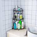 Space-Saving 3-Tier Kitchen Corner Rack by Metallics Home, featuring three shelves holding various bottles and toiletries.