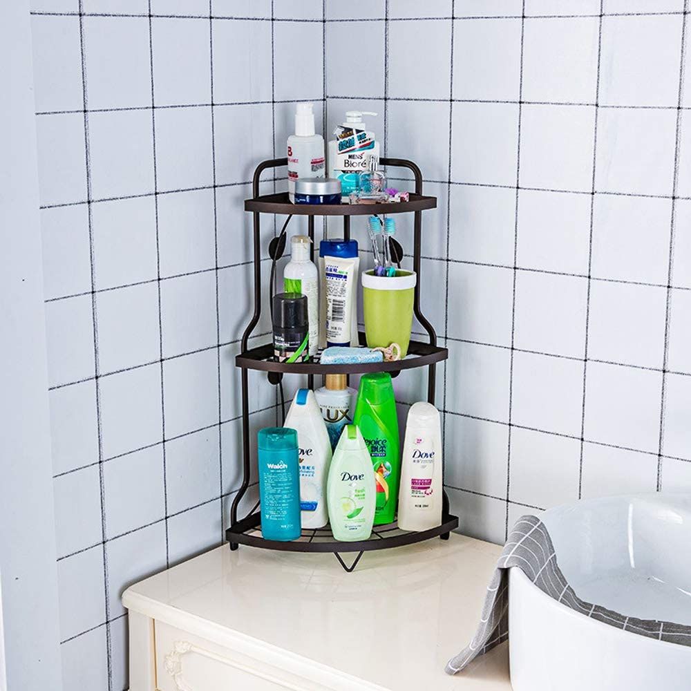 Space-Saving 3-Tier Kitchen Corner Rack by Metallics Home, featuring three shelves holding various bottles and toiletries.