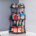 Space-Saving 3-Tier Kitchen Corner Rack by Metallics Home with jars and condiments organized on three shelves.