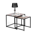 Set of 2 Spoza Living Lounge Coffee Center Nesting Tables with a metallic frame and wooden tops, styled with a lamp and magaz