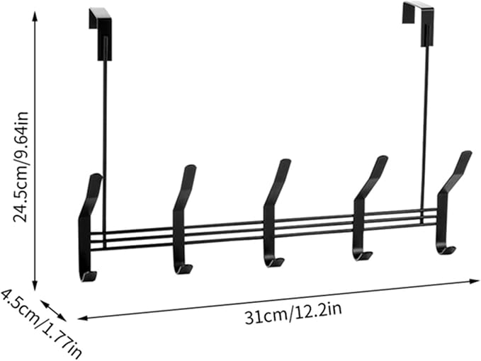 Set of 3 Over the Door Hangers by Metallics Home, featuring a sleek black design with five hooks for hanging items.