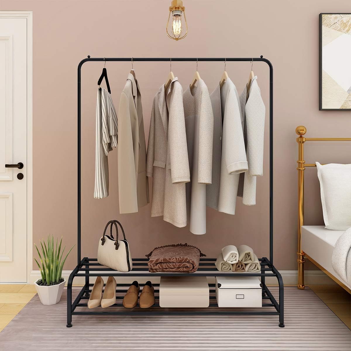 Single Pole Clothes Rack with Double Shoe Shelf By Metallics Home