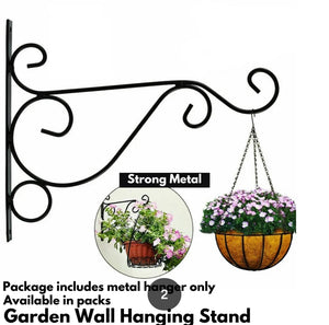 Wall Mounted Flower Pot Hanger Stand by Metallics Home features a decorative black metal design for hanging planters.