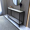 Decigi Entryway Hallway Console Table with a marble top, black metal frame, and lower shelf, styled in a modern setting.