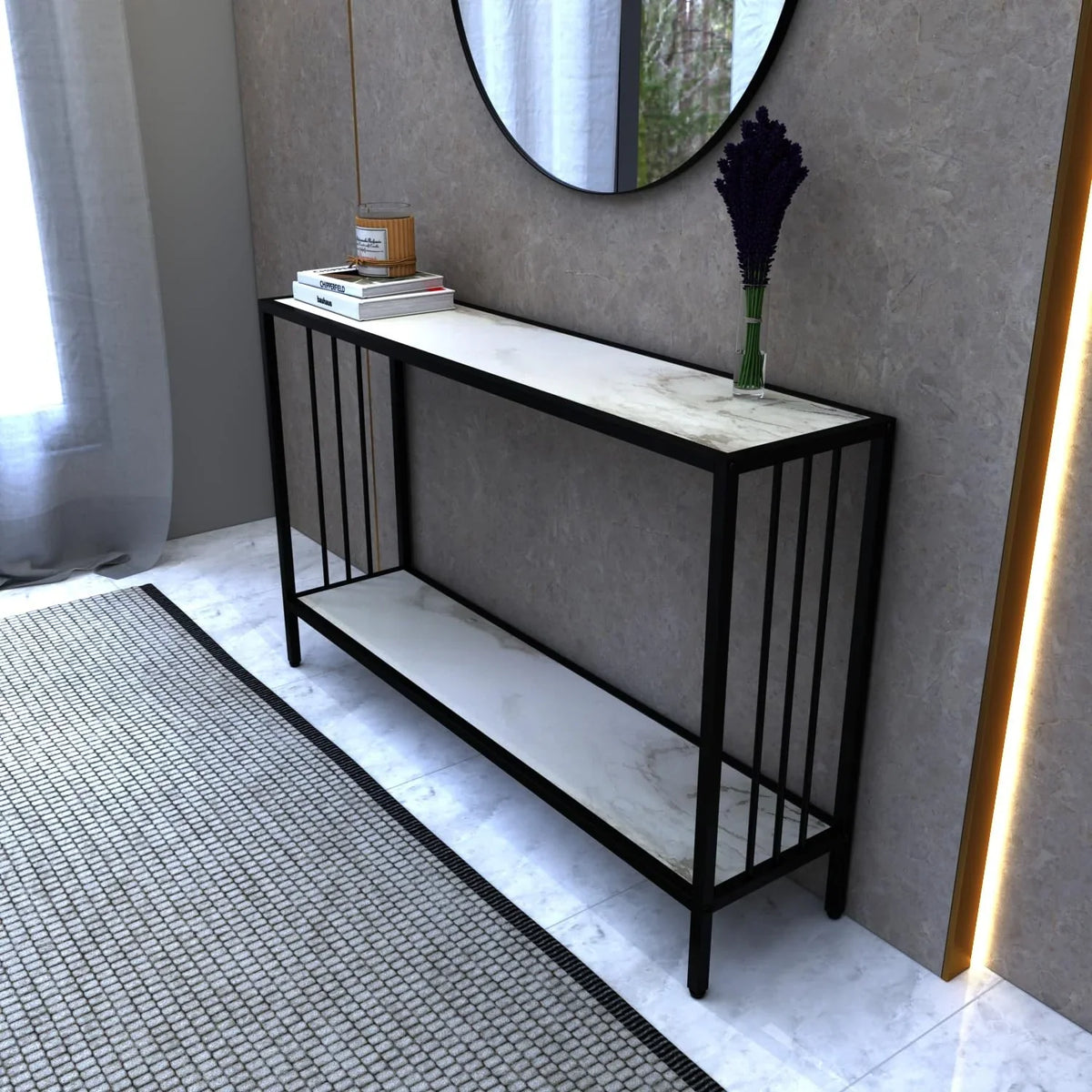 Decigi Entryway Hallway Console Table with a marble top, black metal frame, and lower shelf, styled in a modern setting.