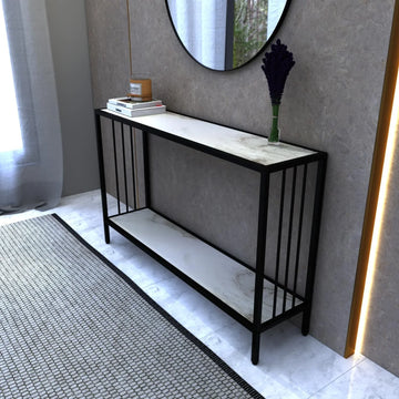 Decigi Entryway Hallway Console Table with a marble top, black metal frame, and lower shelf, styled in a modern setting.