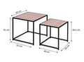 Set of 2 Spoza Living Lounge Coffee Center Nesting Tables with wooden tops and black metal frames, dimensions included.