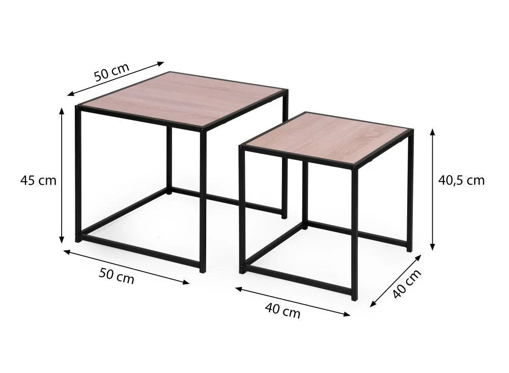 Set of 2 Spoza Living Lounge Coffee Center Nesting Tables with wooden tops and black metal frames, dimensions included.