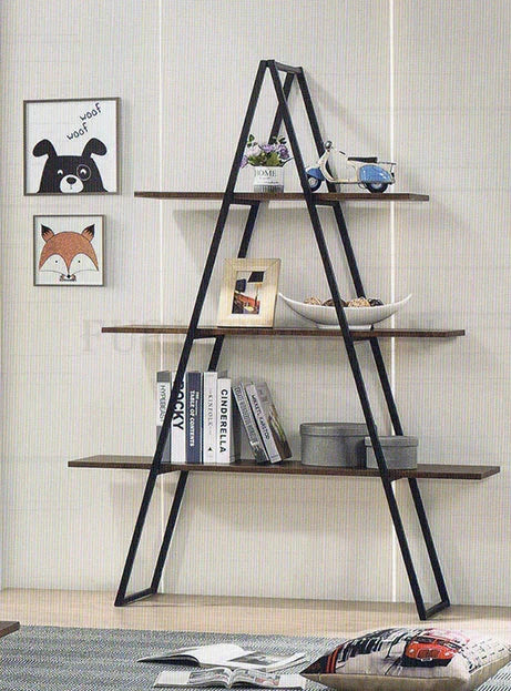 A-Shape Ladder Book Shelf by Metallics Home with four wooden shelves and a black metal frame, styled against a light wall.