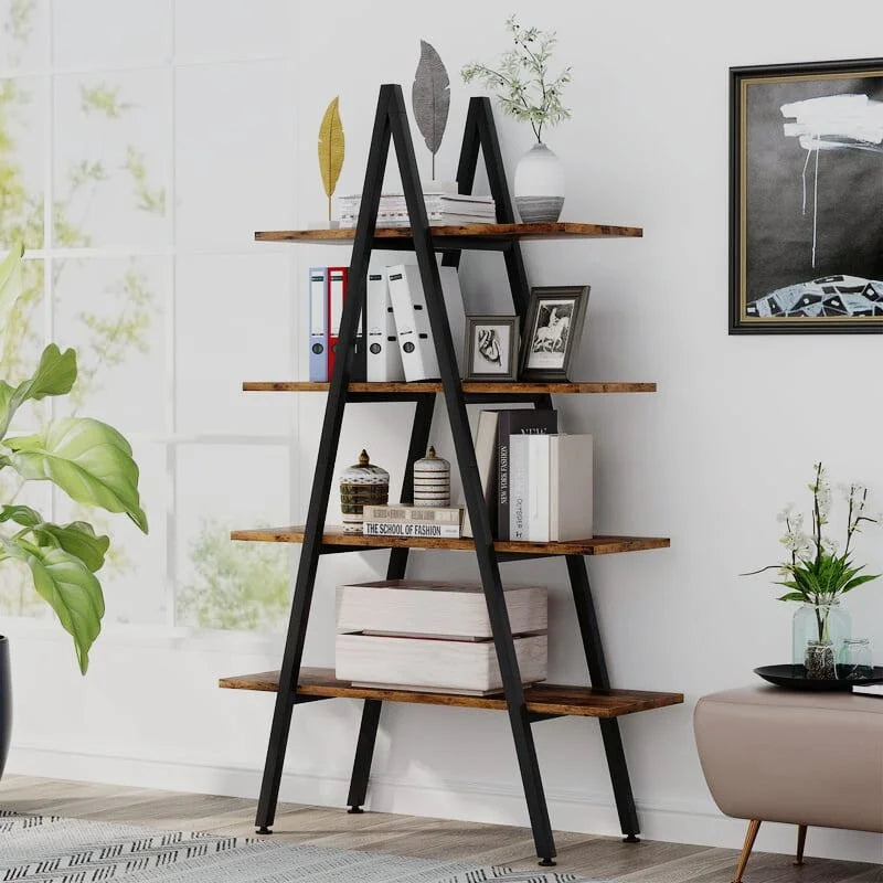 A-Shape Ladder Book Shelf by Metallics Home featuring wooden shelves and a black metal frame, styled with decor and books.