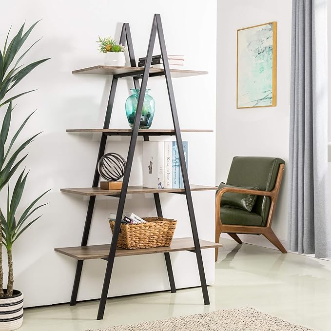 A-Shape Ladder Book Shelf by Metallics Home featuring five wooden shelves and a black metal frame, set in a modern living spa