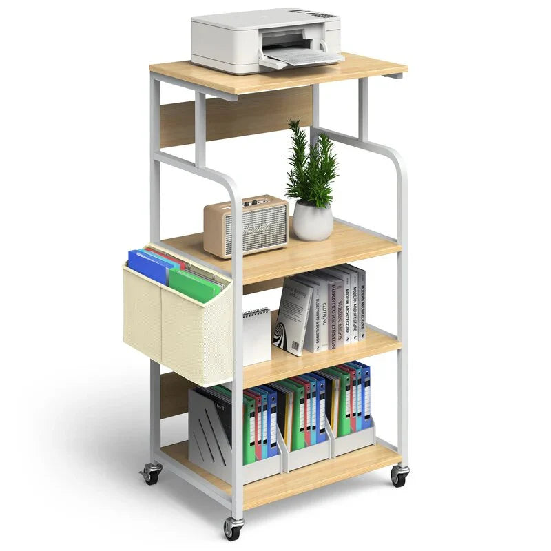 Federico Kitchen Moving Trolley Rack by Metallics Home features a wooden top, multiple shelves, and wheels for easy mobility.