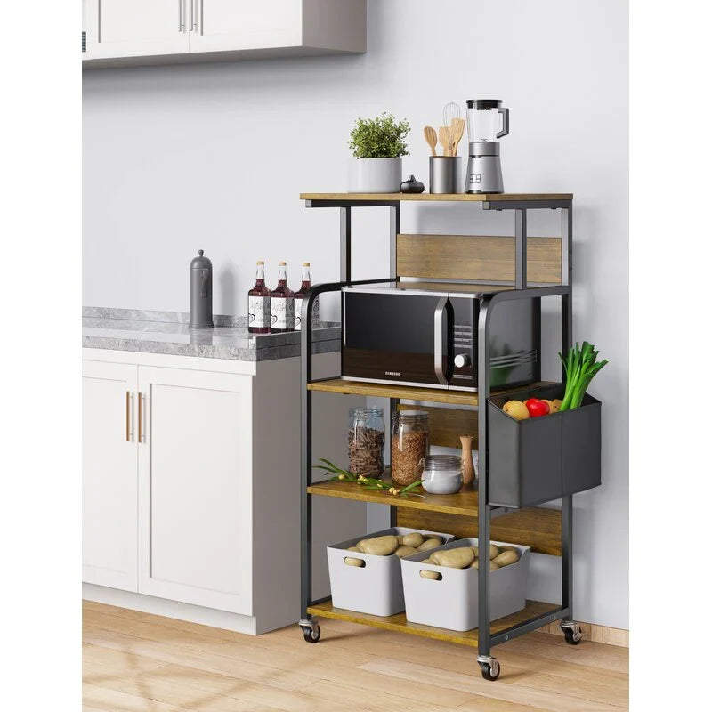 Federico Kitchen Moving Trolley Rack by Metallics Home with shelves, microwave, storage bins, and wheels for easy mobility.