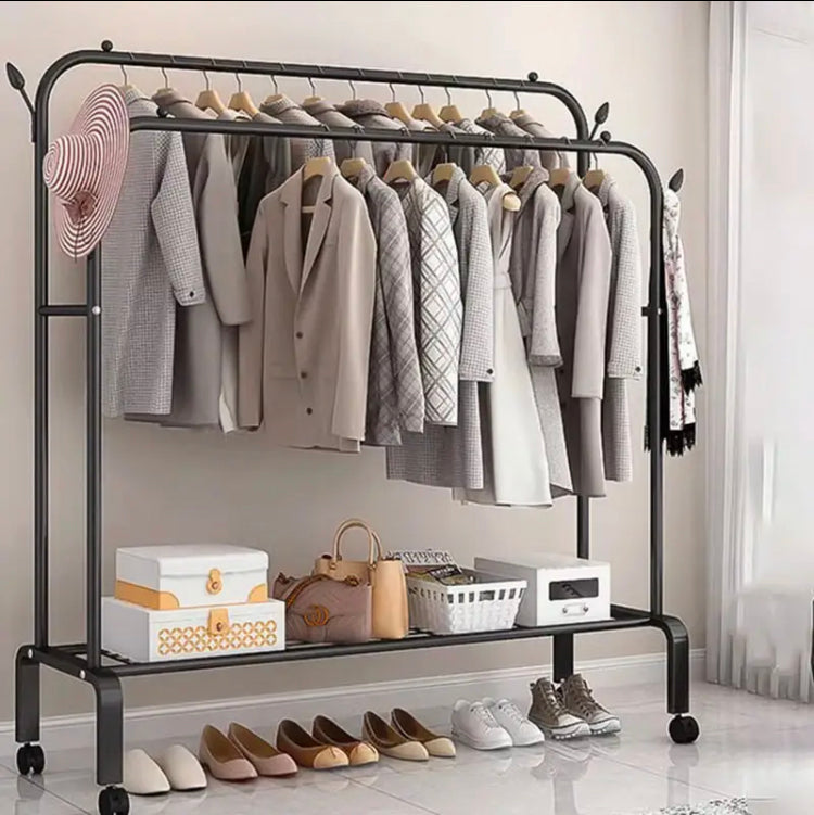 Metal Clothes Stand by Metallics Home featuring hanging space for garments, side storage shelves, hooks, and a shoe rack.