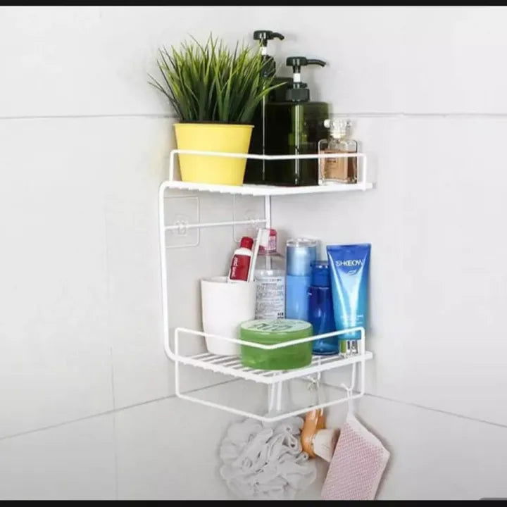 Bathroom corner double layer shelf with towel holder by Metallics Home - Metallics-Home