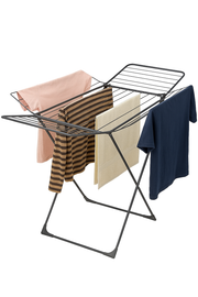 Foldable Multi-Wing Clothes Drying Stand with clothes hanging; features a durable, spacious design for convenient drying.