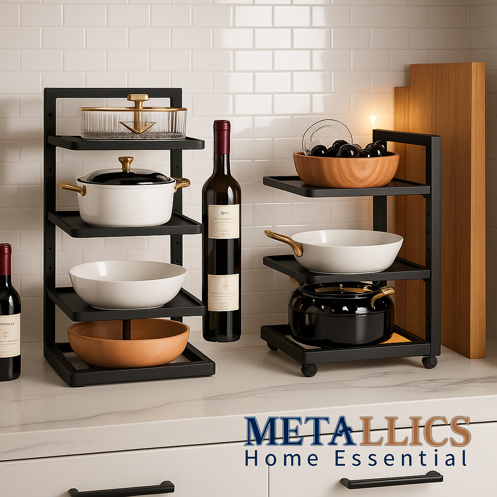 Floor Standing Kitchen Shelf by Metallics Home features a sleek black design with multiple shelves displaying cookware and de