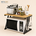 Z Shape Microwave Stand by Metallics Home features a wooden top with a microwave and a multi-cooker, plus kitchen utensils an