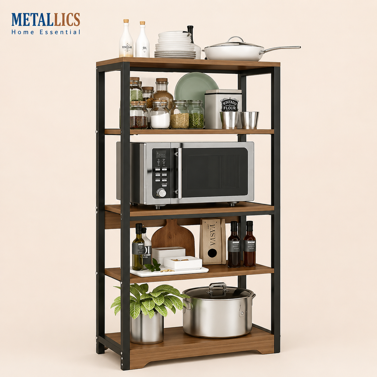 Maxi Stack 5 Layer Multipurpose Organizer by Metallics Home features a black metal frame with wooden shelves, displaying kitc