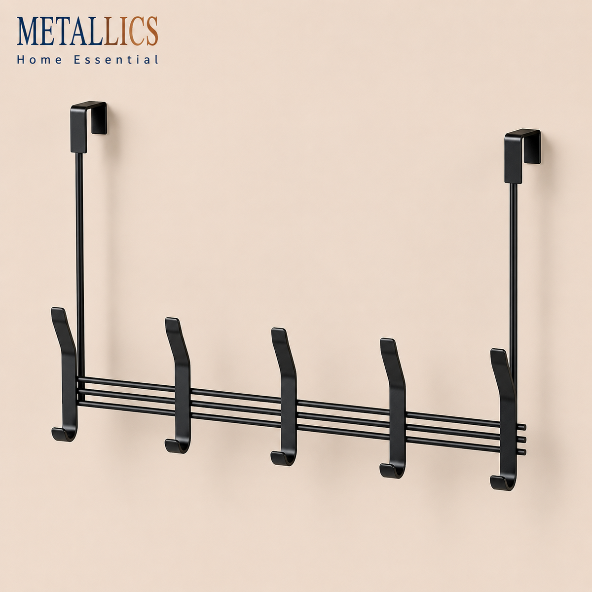 Over the Door 10 Hooks Hanger by Metallics Home featuring a sleek black design with five hooks for efficient storage.