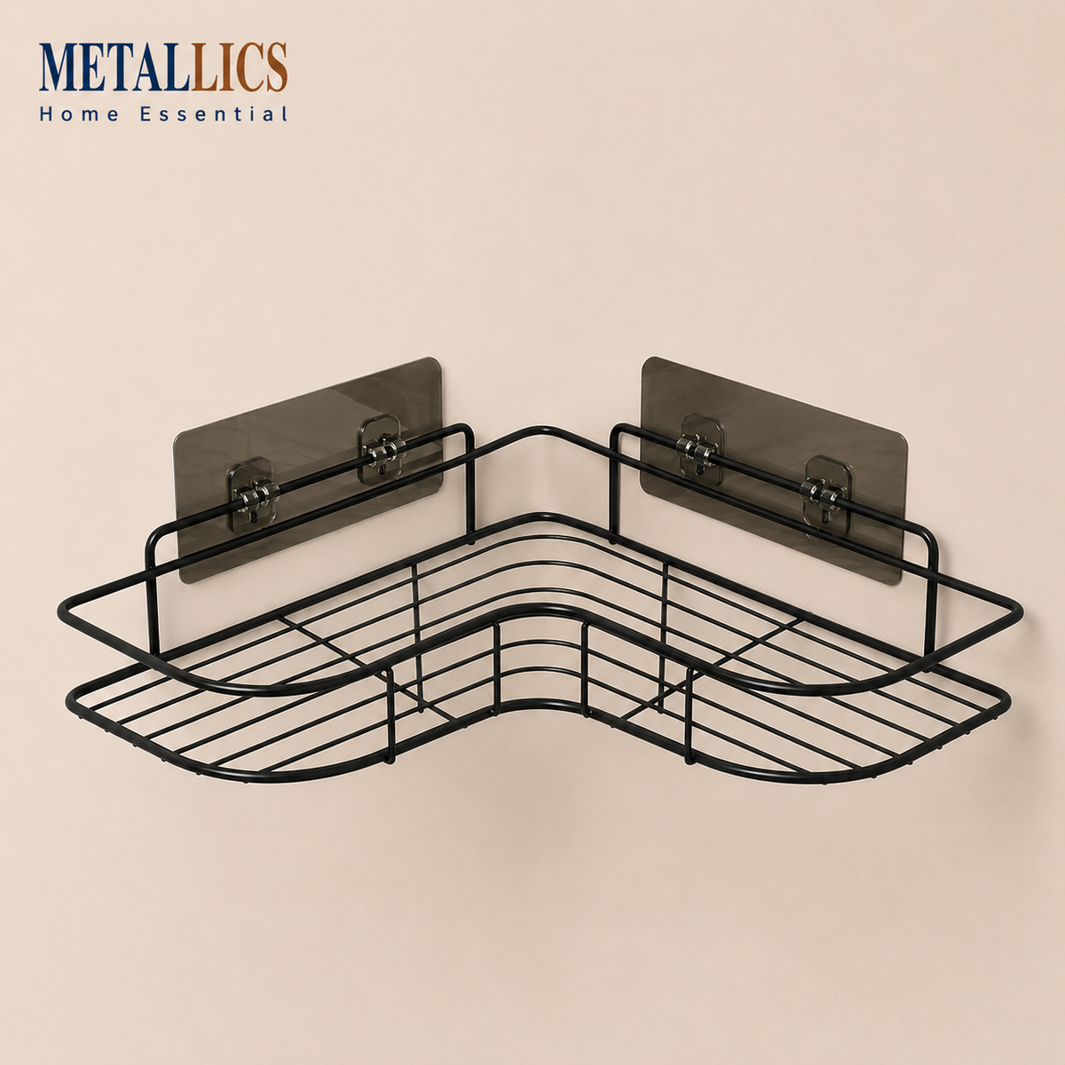 Black metal bathroom corner shelf with adhesive hooks, designed for space-saving storage. Ideal for toiletries and accessorie