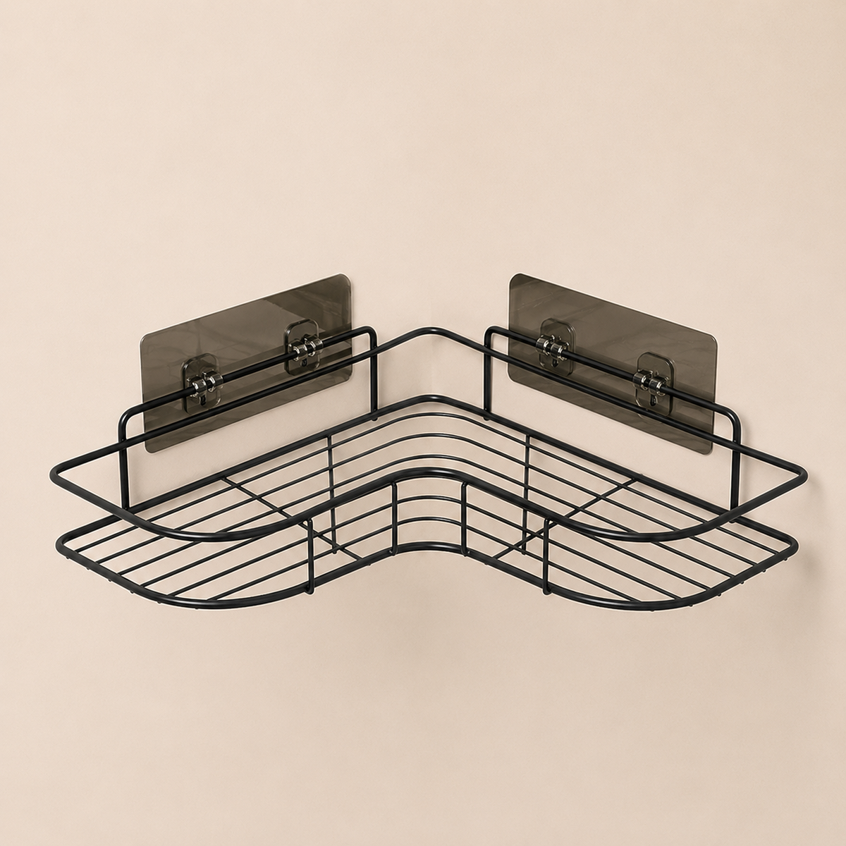 Bathroom Corner Shelf with Adhesive Hooks by Metallics Home features a black wire design, ideal for corner storage.