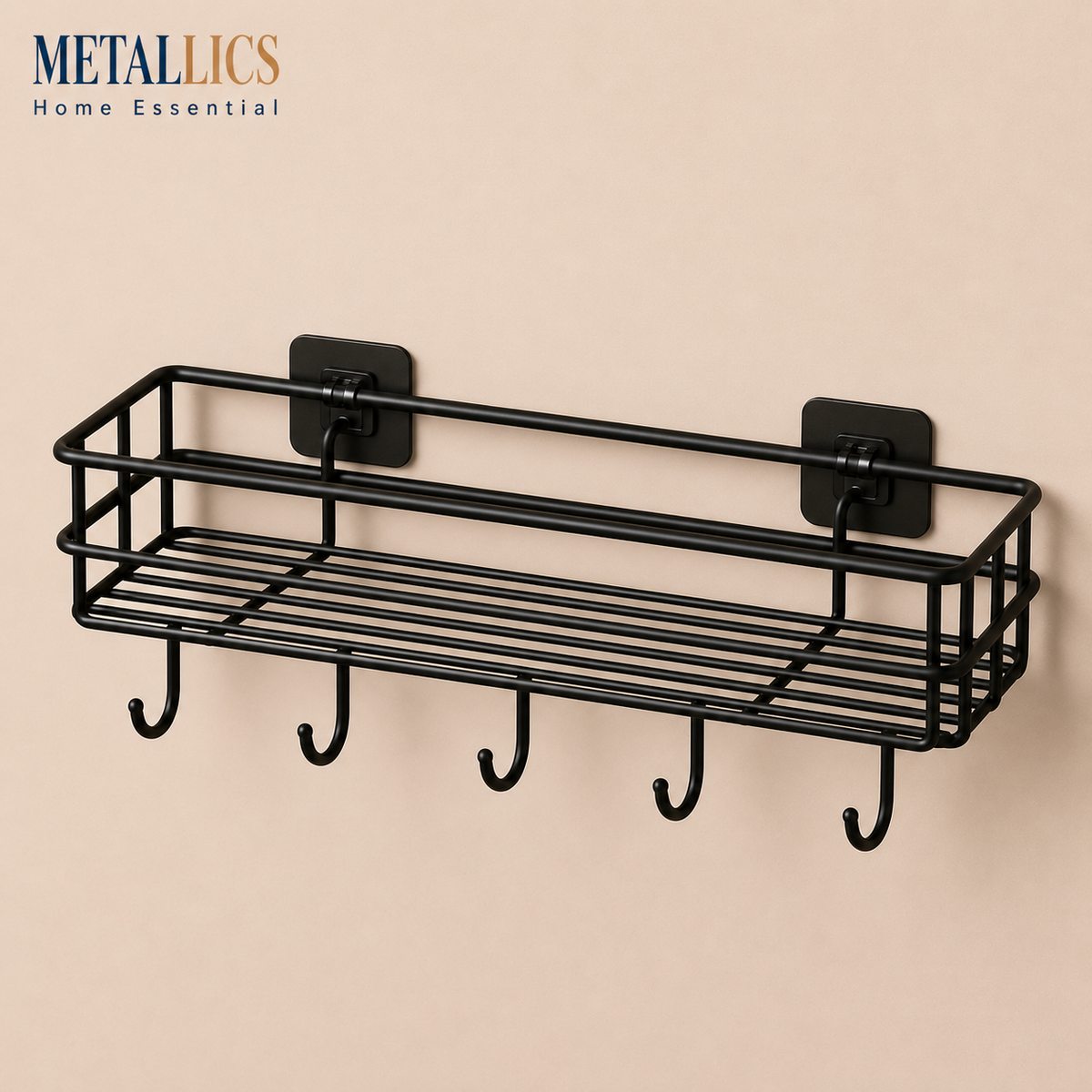Wall-Mounted Adhesive Shelf by Metallics Home features a black metal wire design with five hooks, ideal for storage and organ