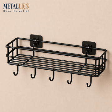 Wall-Mounted Adhesive Shelf by Metallics Home features a black metal wire design with five hooks, ideal for storage and organ