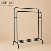 Double Pole Cloth Hanging Stand with Single Shoe Rack by Metallics Home, featuring a sturdy black metal frame and minimalist 