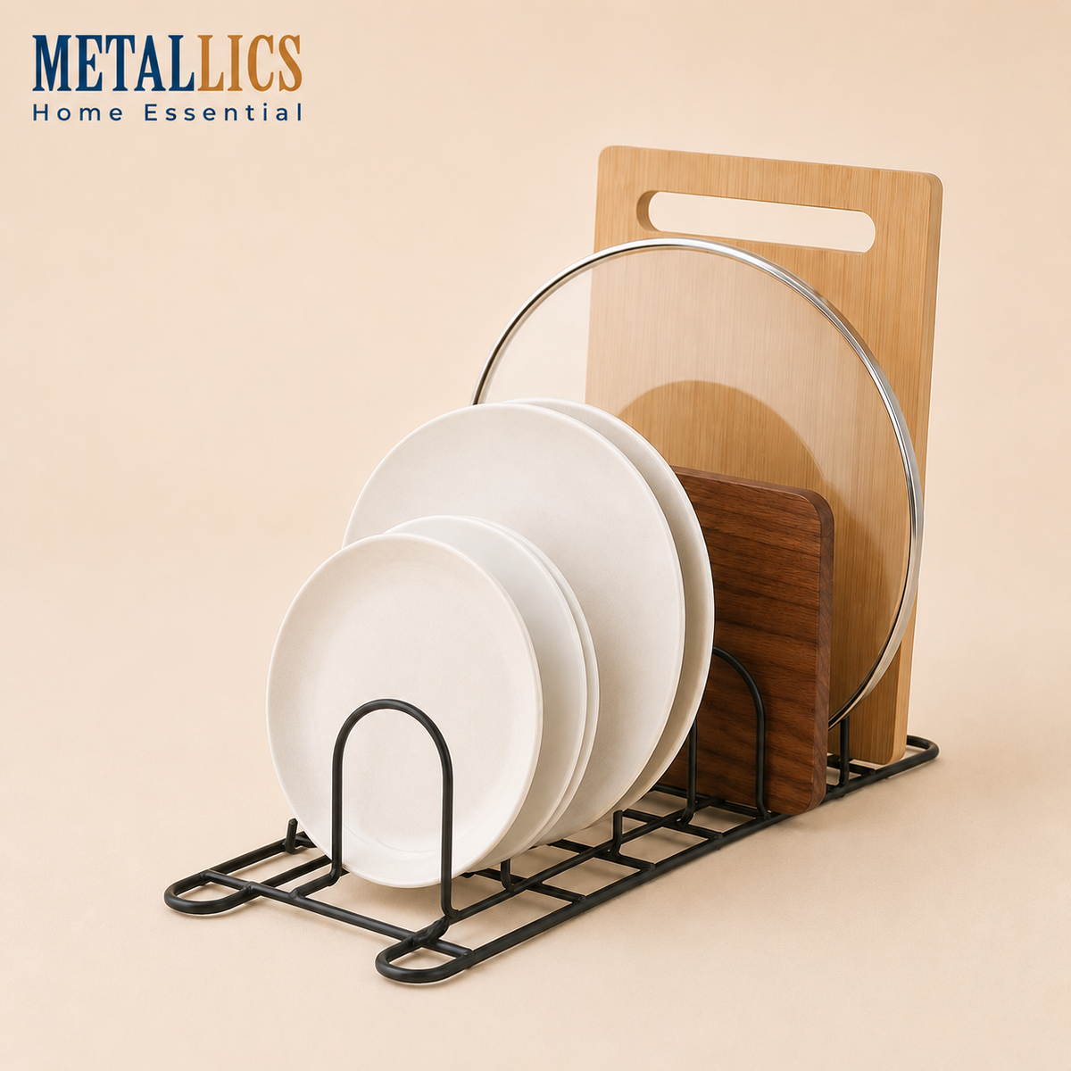 Metal Plate Stand by Metallics Home features a sleek black metal design holding various plates and cutting boards.