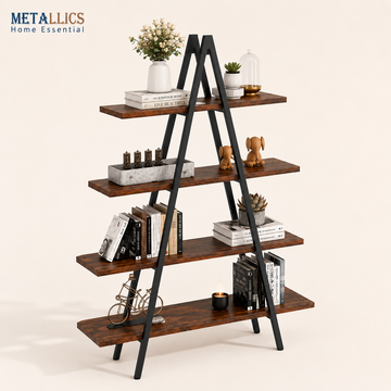 A-Shape Ladder Book Shelf by Metallics Home featuring five wooden shelves, black metal frame, and decorative items.