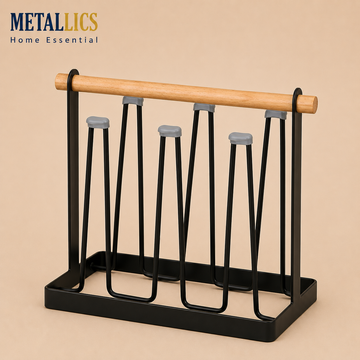 Premium Glass Stand with Wooden Handle features a sleek black metal frame and a natural wooden handle, designed for stylish s