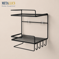 Black bathroom corner double layer shelf with towel holder and hooks, designed for space-saving storage. Ideal for toiletries