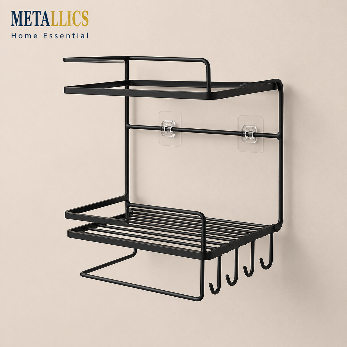 Black bathroom corner double layer shelf with towel holder and hooks, designed for space-saving storage. Ideal for toiletries