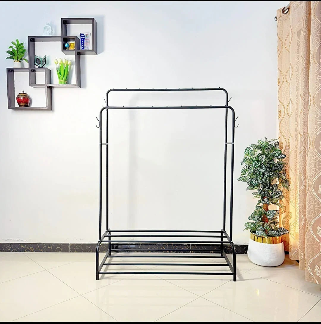 Dual Pole Metal Clothes Stand by Metallics Home features a sturdy black frame with dual shoe tiers and hooks, set in a modern