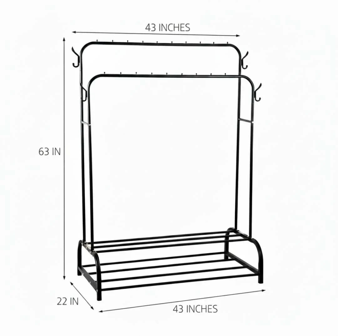 Dual Pole Metal Clothes Stand by Metallics Home features a black metal frame with dual shoe tiers and hooks for hanging cloth