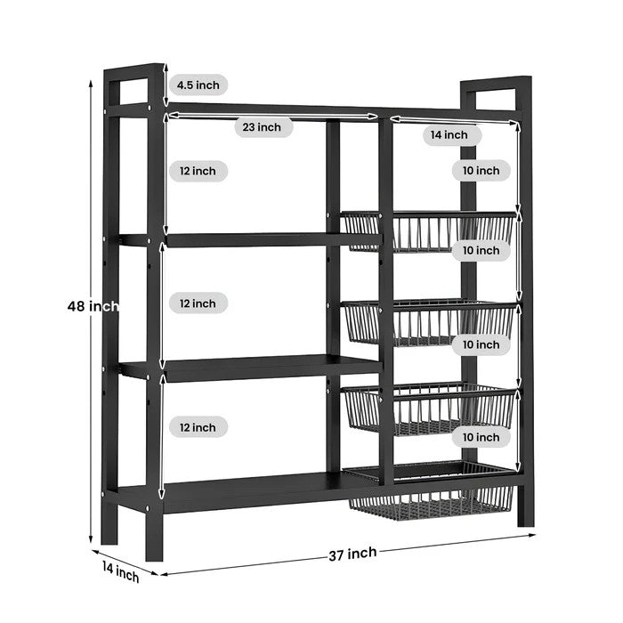 Elite Kitchen Utility Rack by Metallics Home features a black frame with multiple shelves and wire baskets, measuring 48x37x1