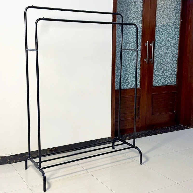 Double Pole Cloth Hanging Stand with Single Shoe Rack by Metallics Home, featuring a sturdy black metal frame.