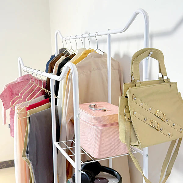 Space-Saving Metal Clothes Stand by Metallics home (D) – With Side Storage Shelves & Hooks