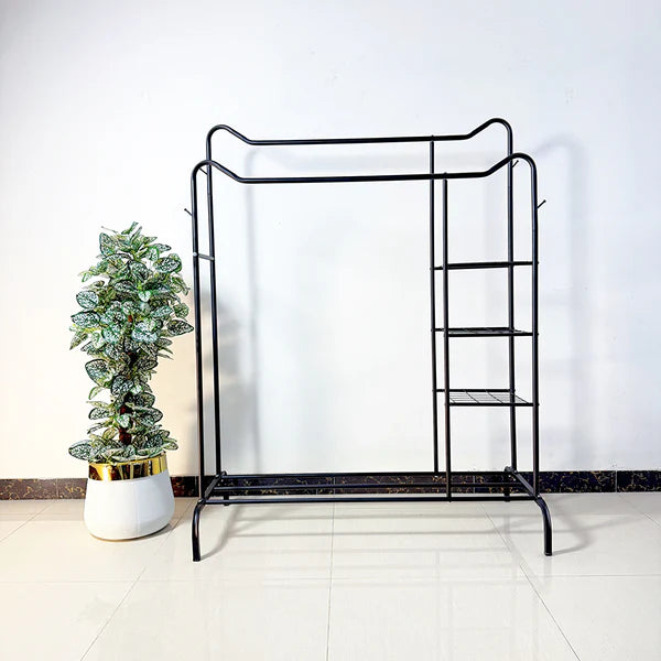 Space-Saving Metal Clothes Stand by Metallics home (D) – With Side Storage Shelves & Hooks